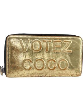 CHANEL Long Wallet Leather Gold Silver CC